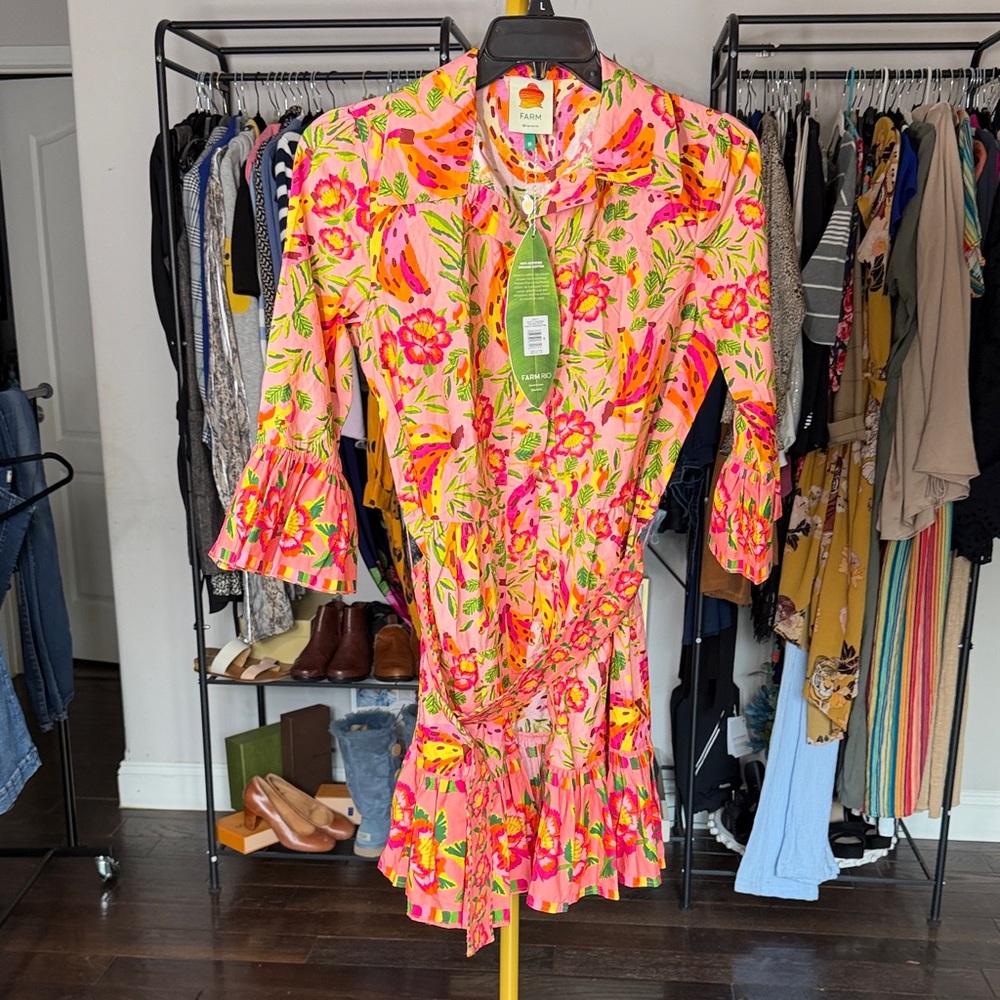 FARM Rio Pink and Orange Floral Tie-Waist Ruffle Dress